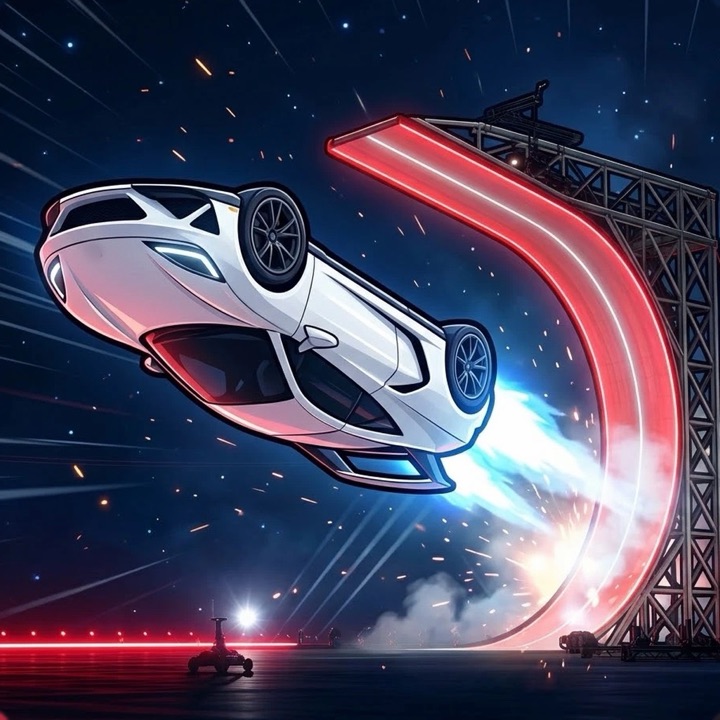 A white car flying upside down off a glowing loop