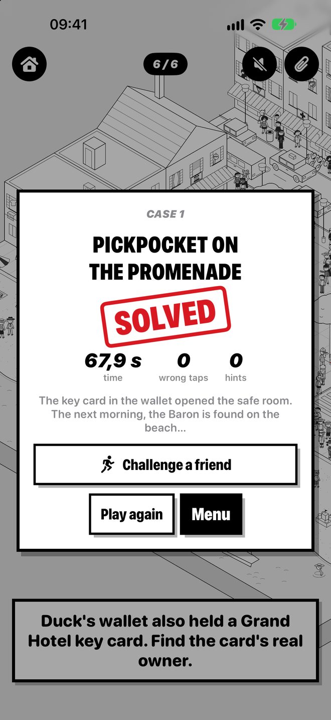 Case solved: time, wrong taps, hints, and Challenge a friend